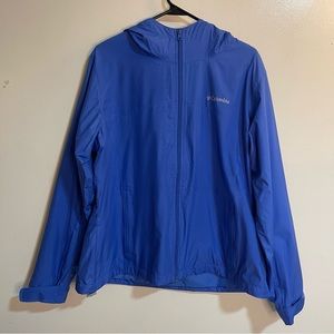 Columbia Rain Jacket Women’s XL Packable Blue Hooded Lightweight Windbreaker